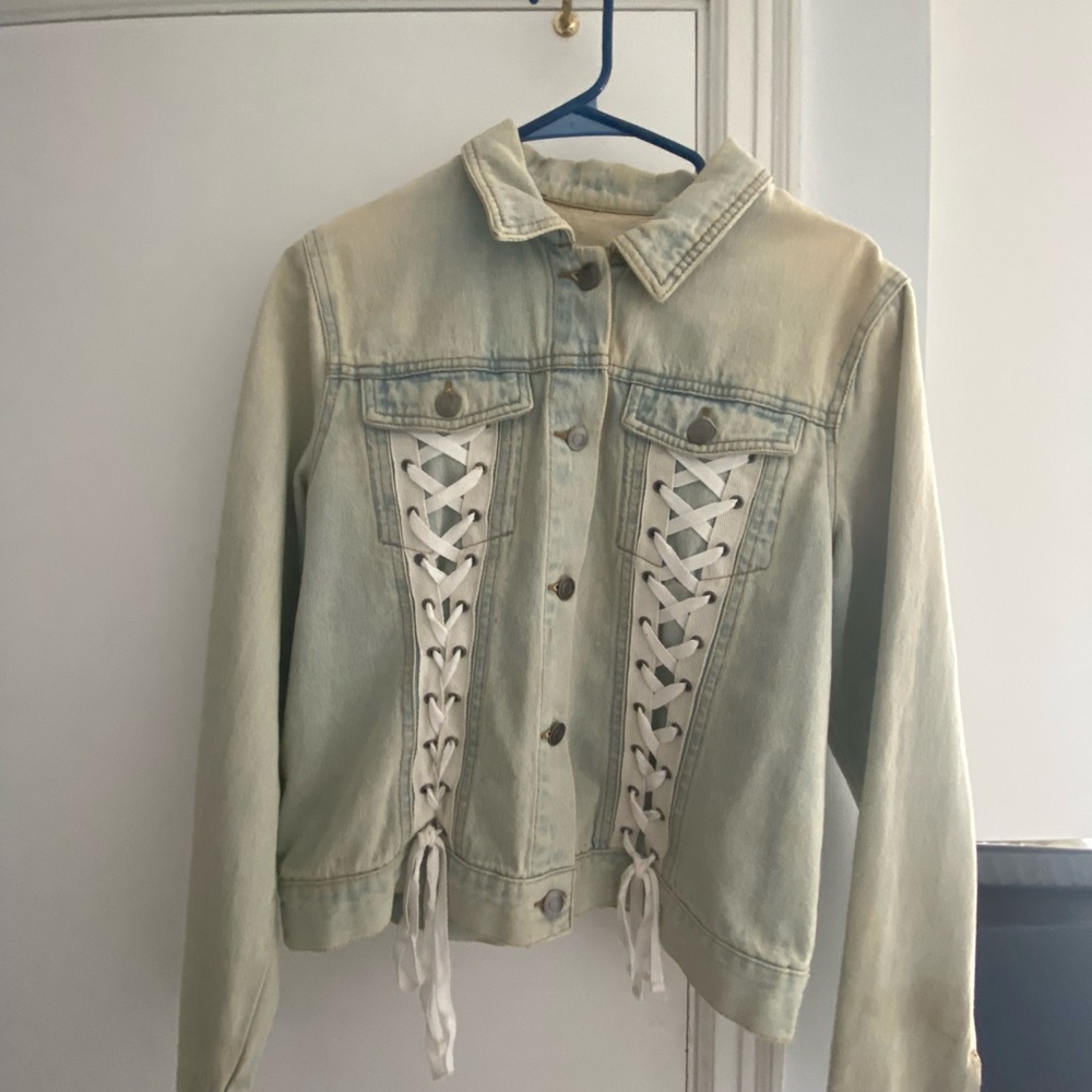 Love Tree Light Blue Denim Jacket with Lace-Up Front